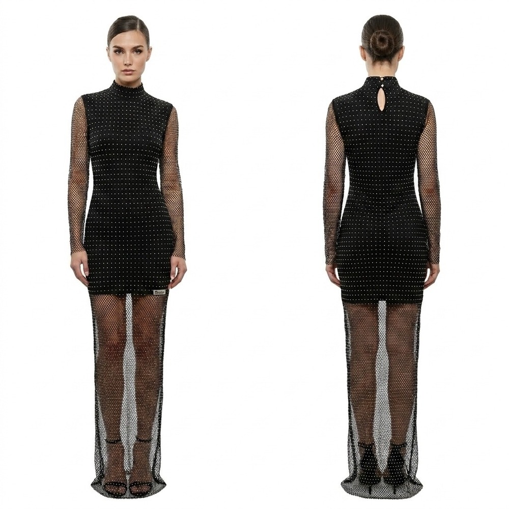Bebe Womens Rhinestone Fishnet Mesh Maxi Dress Black SALT1882K Size L NEW
